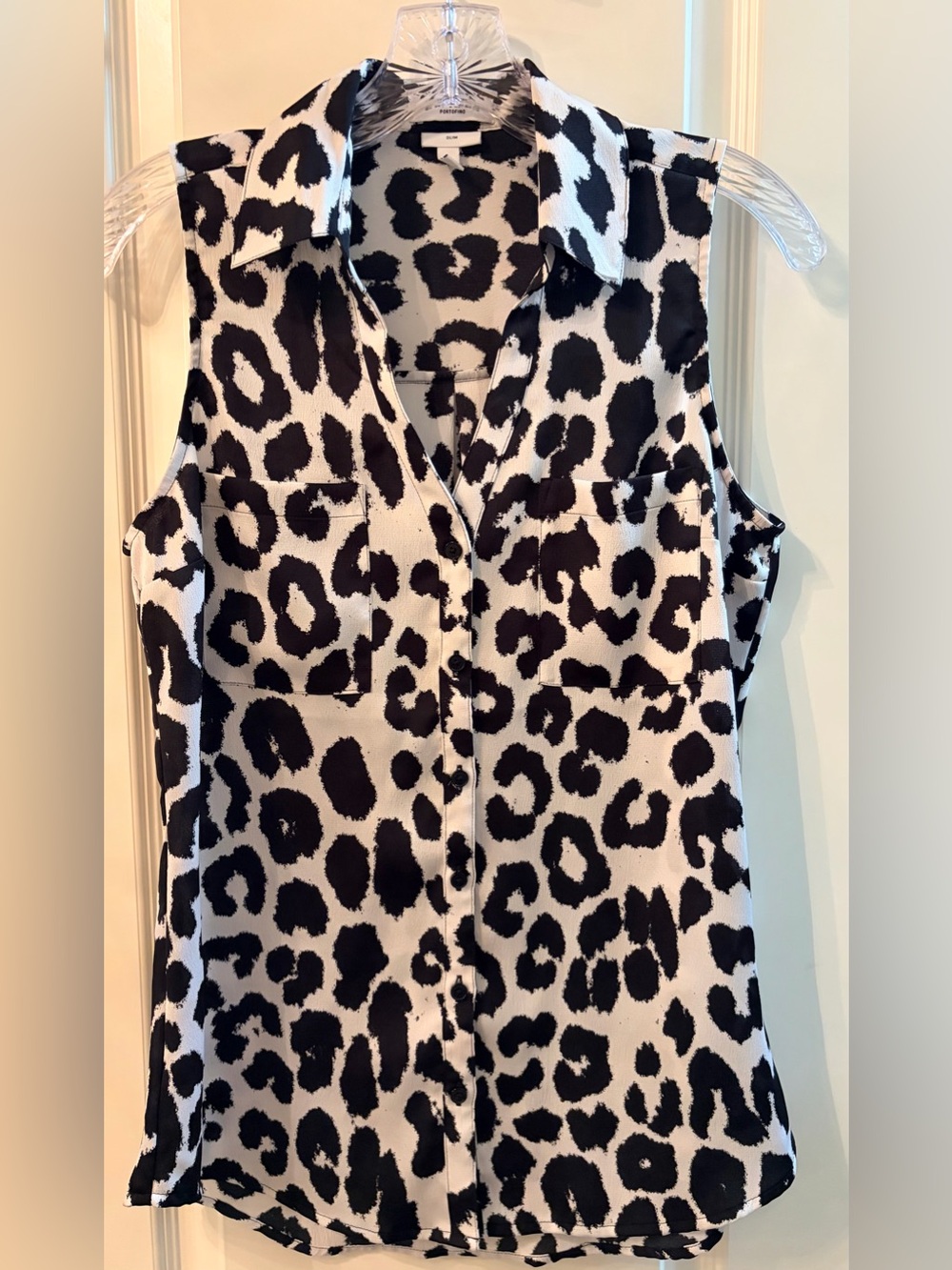 Express Portofino Sleeveless Black & White Leopard Print Button-Front Top